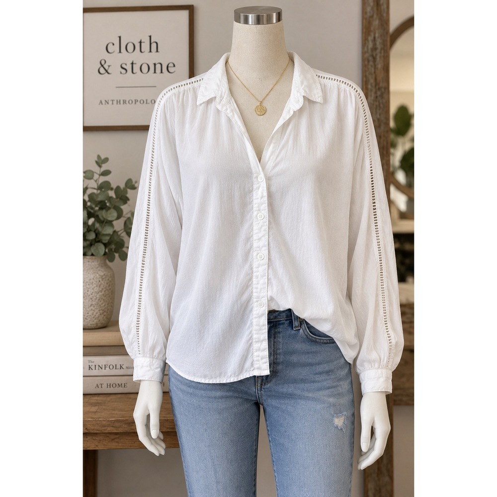 Cloth & Stone Anthropologie White Tencel Ladder Lace Shirt Small - Picture 2 of 14